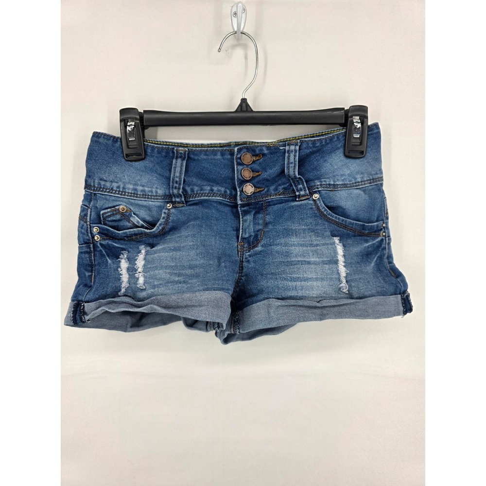 YMI WannaBettaButt Distressed Denim Shorts Medium Wash Size 6 Triple Button